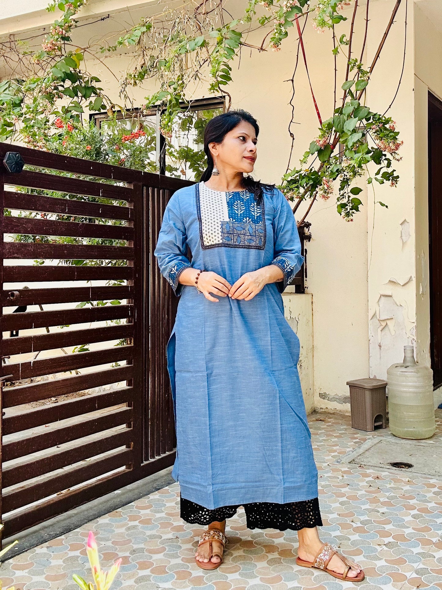 Blue handloom cotton solid kurti