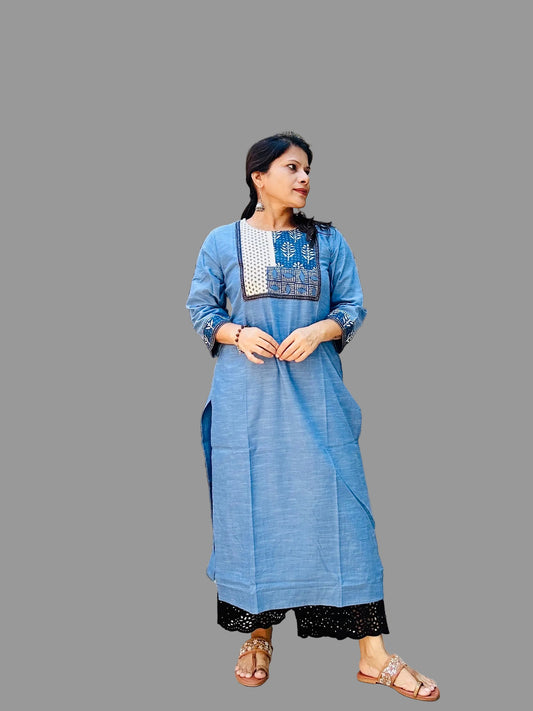 Blue handloom cotton solid kurti