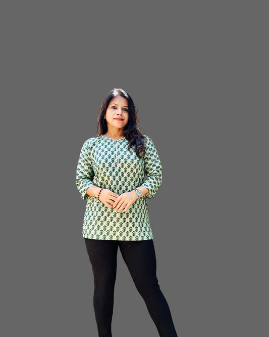 Green cotton printed short kurti