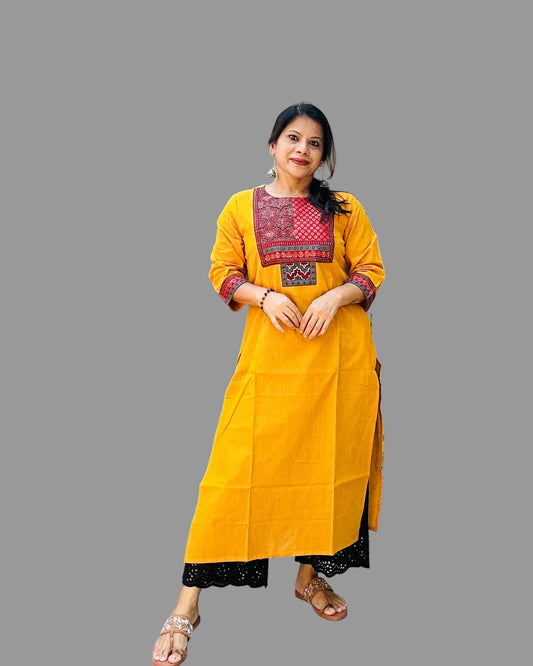 Yellow handloom cotton solid kurti