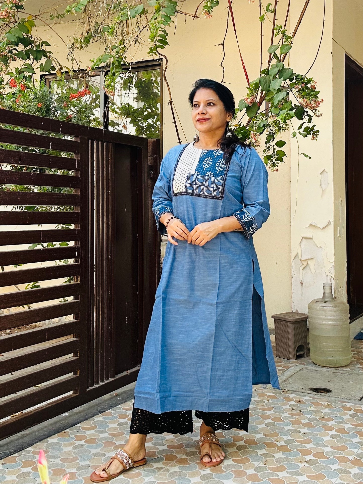 Blue handloom cotton solid kurti