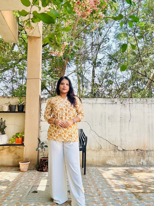yellow cotton printed short kurti