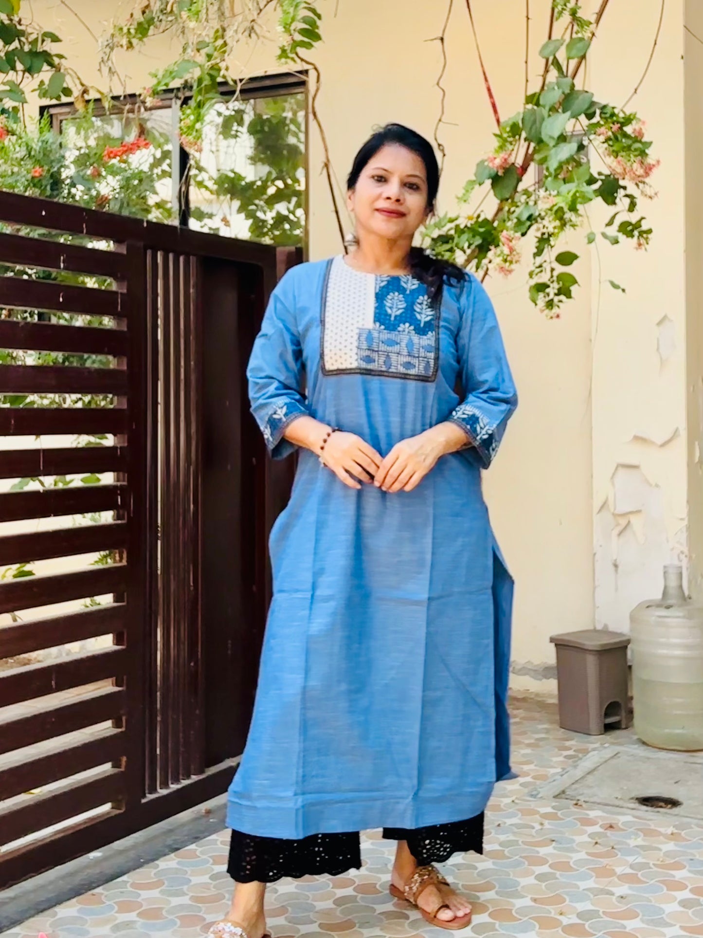 Blue handloom cotton solid kurti