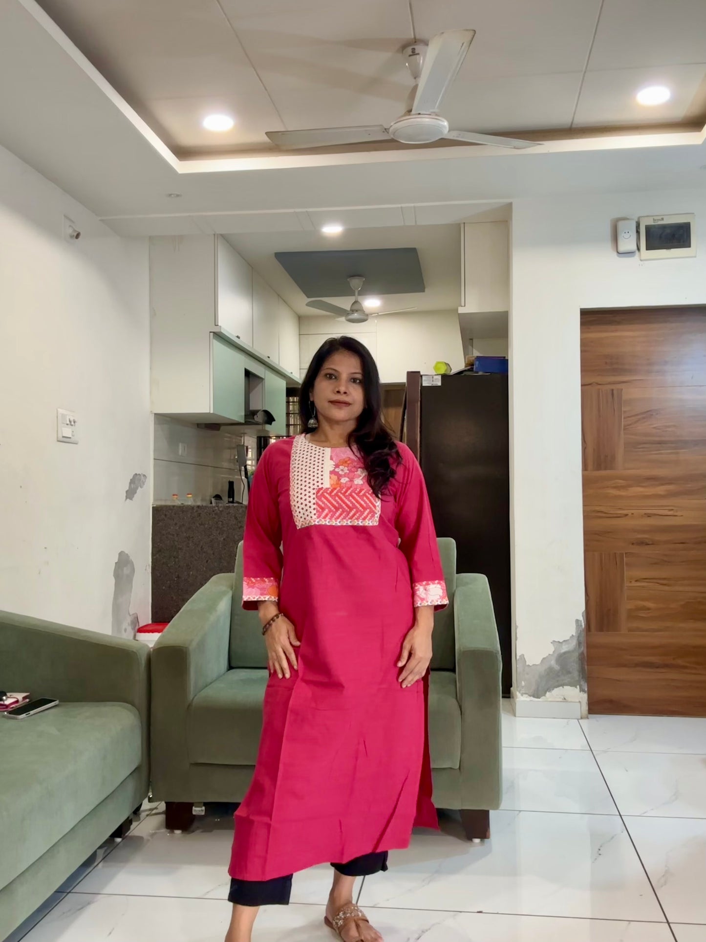 pink handloom cotton solid kurti