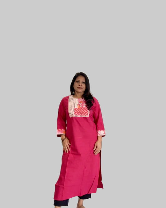 pink handloom cotton solid kurti