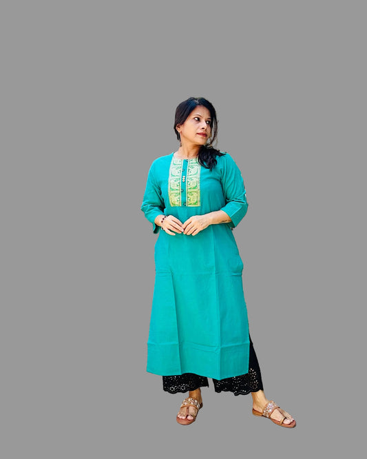 Sea green handloom cotton solid kurti