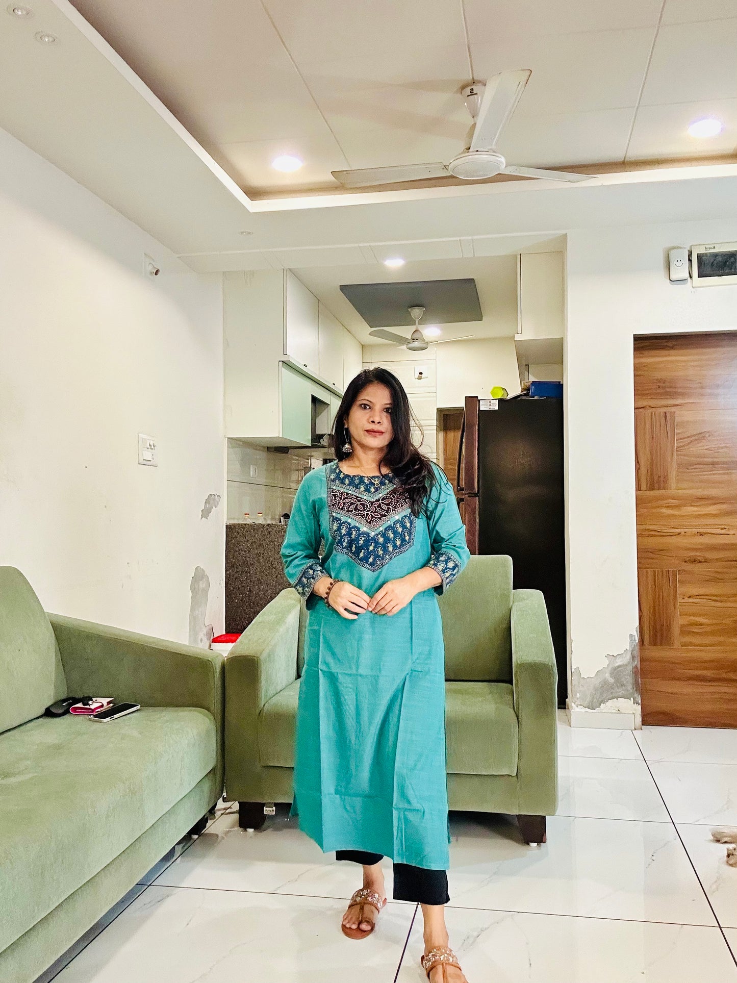 Green handloom cotton solid kurti