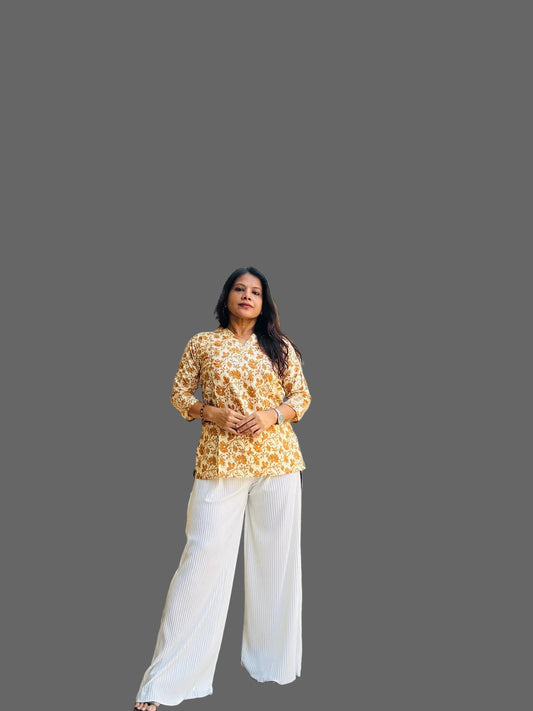yellow cotton printed short kurti