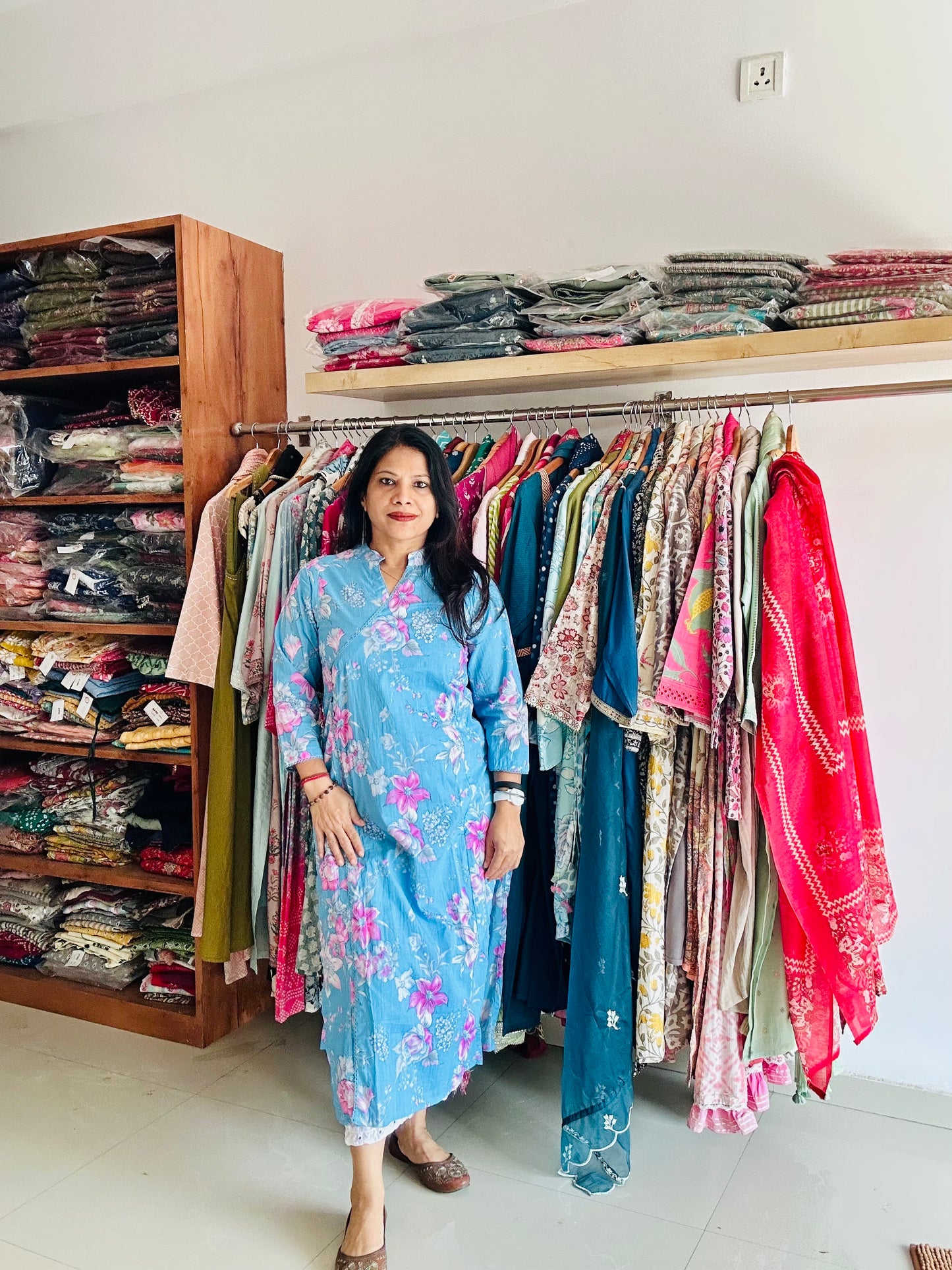 Blue cotton printed Angarakha kurti