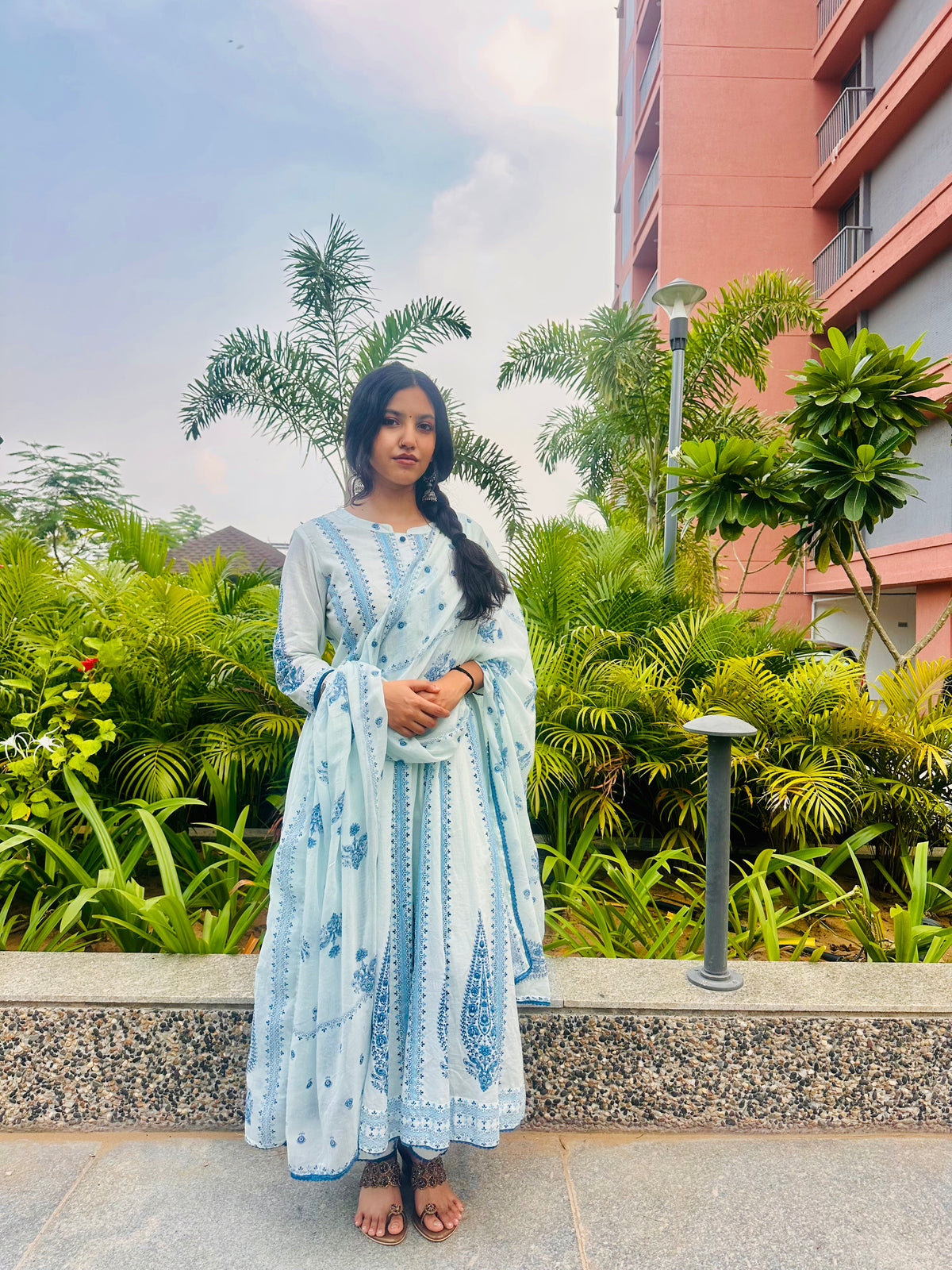 WHITE COTTON BLO0CK PRINT ANARKALI SET