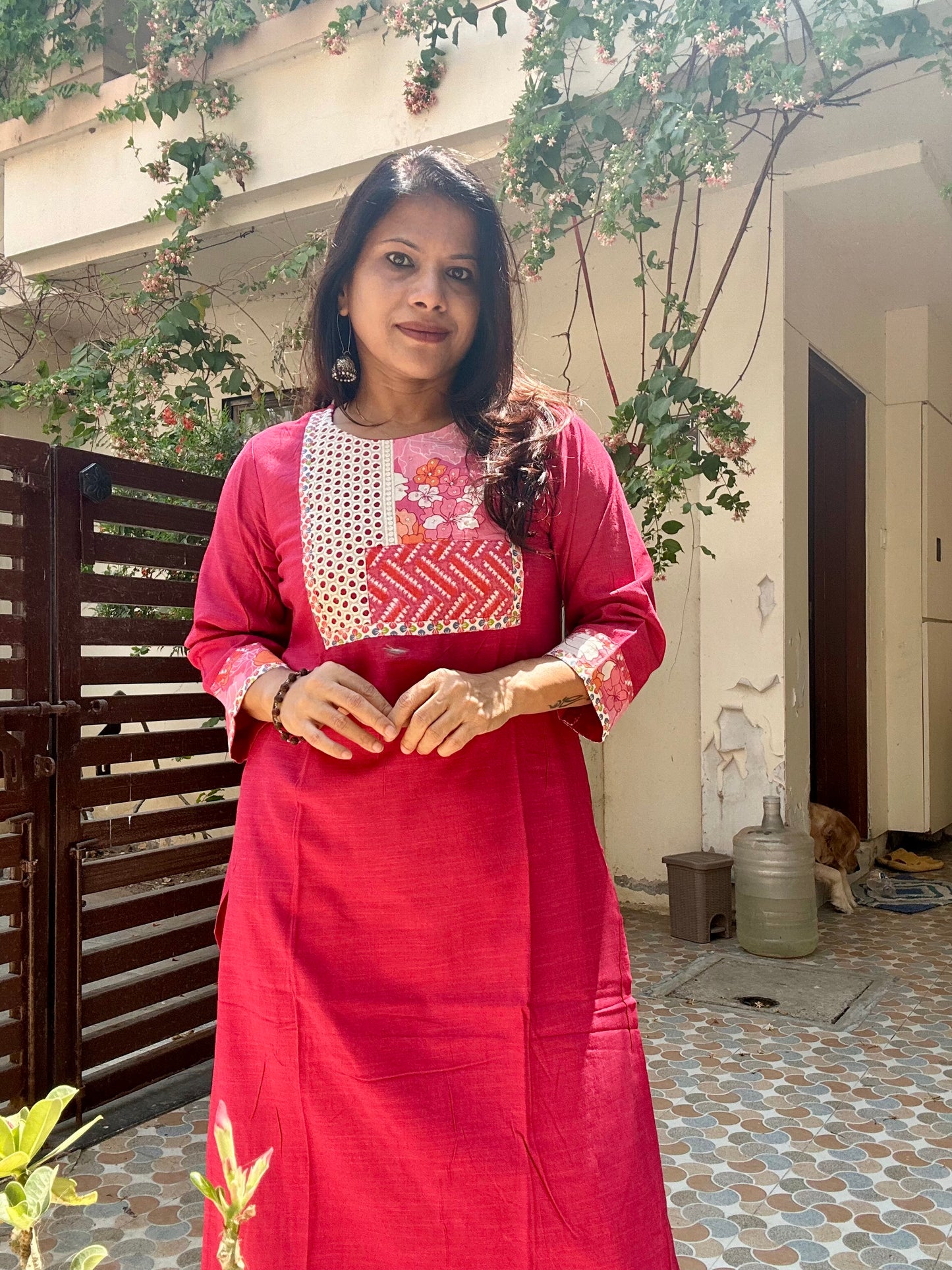 pink handloom cotton solid kurti