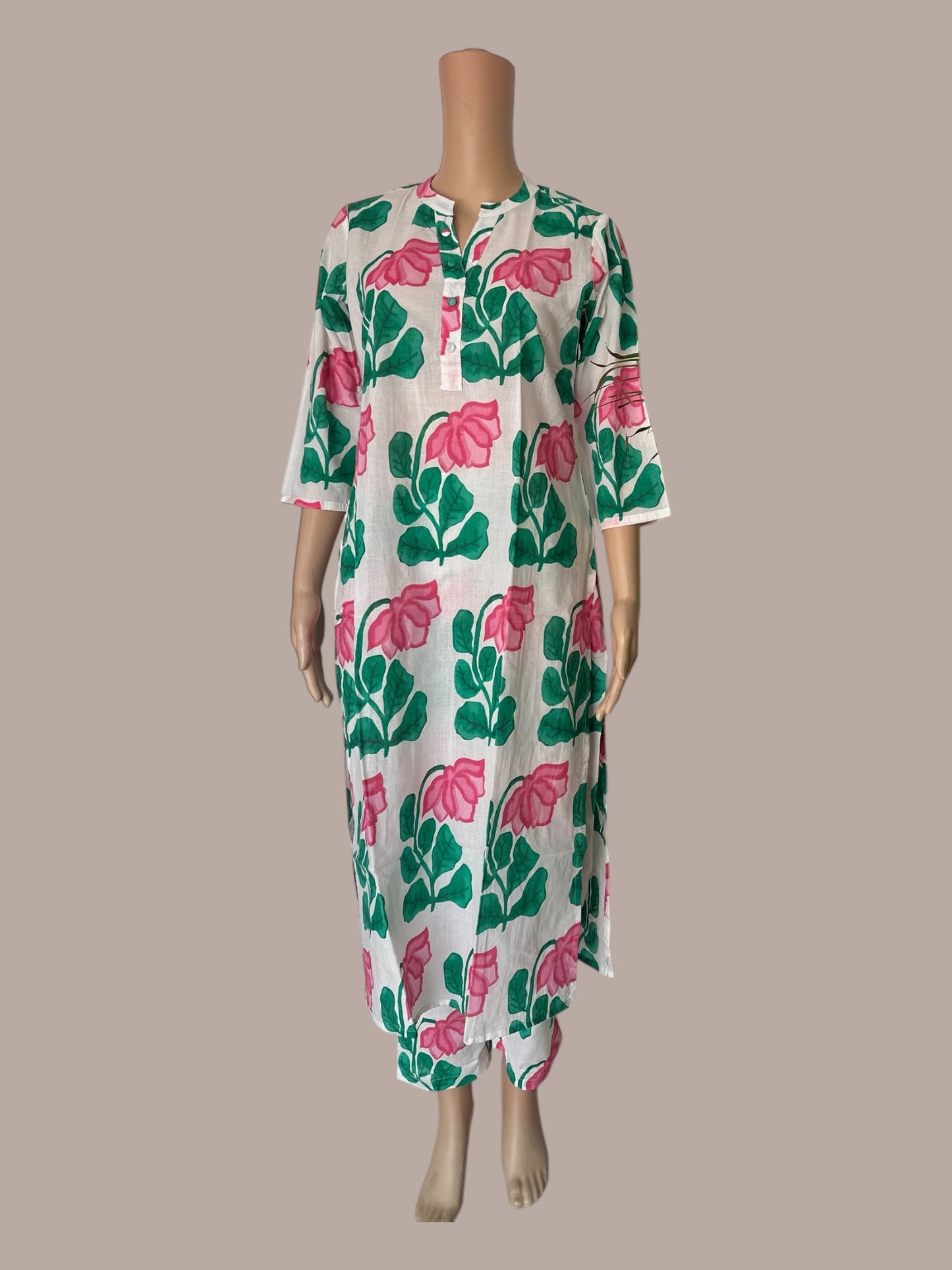 White & green cotton printed co ord set
