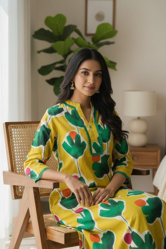 yellow botanical digital printed co ord set