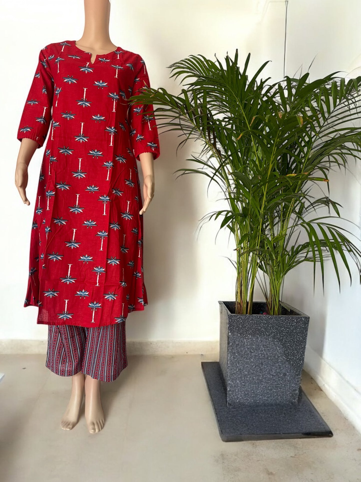 Red cotton printed A line kurti set