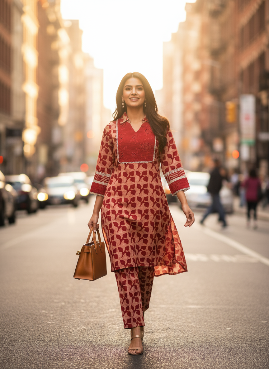Red cotton printed high low co ord set