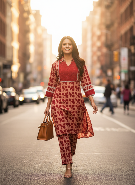 Red cotton printed high low co ord set