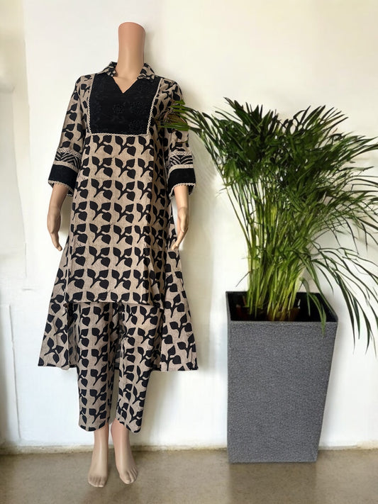 Black cotton printed high low co ord set