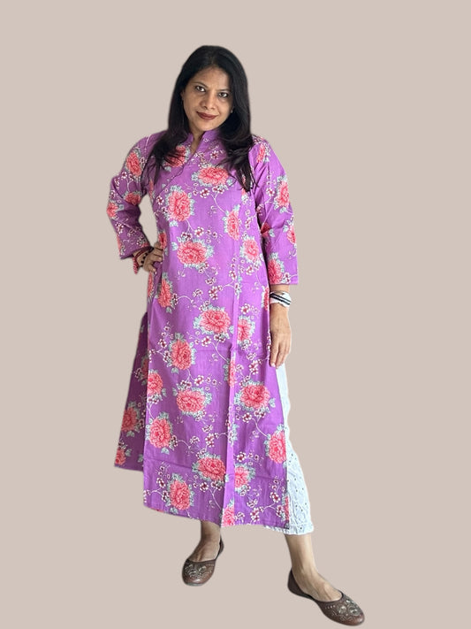 purple cotton printed Angarakha kurti