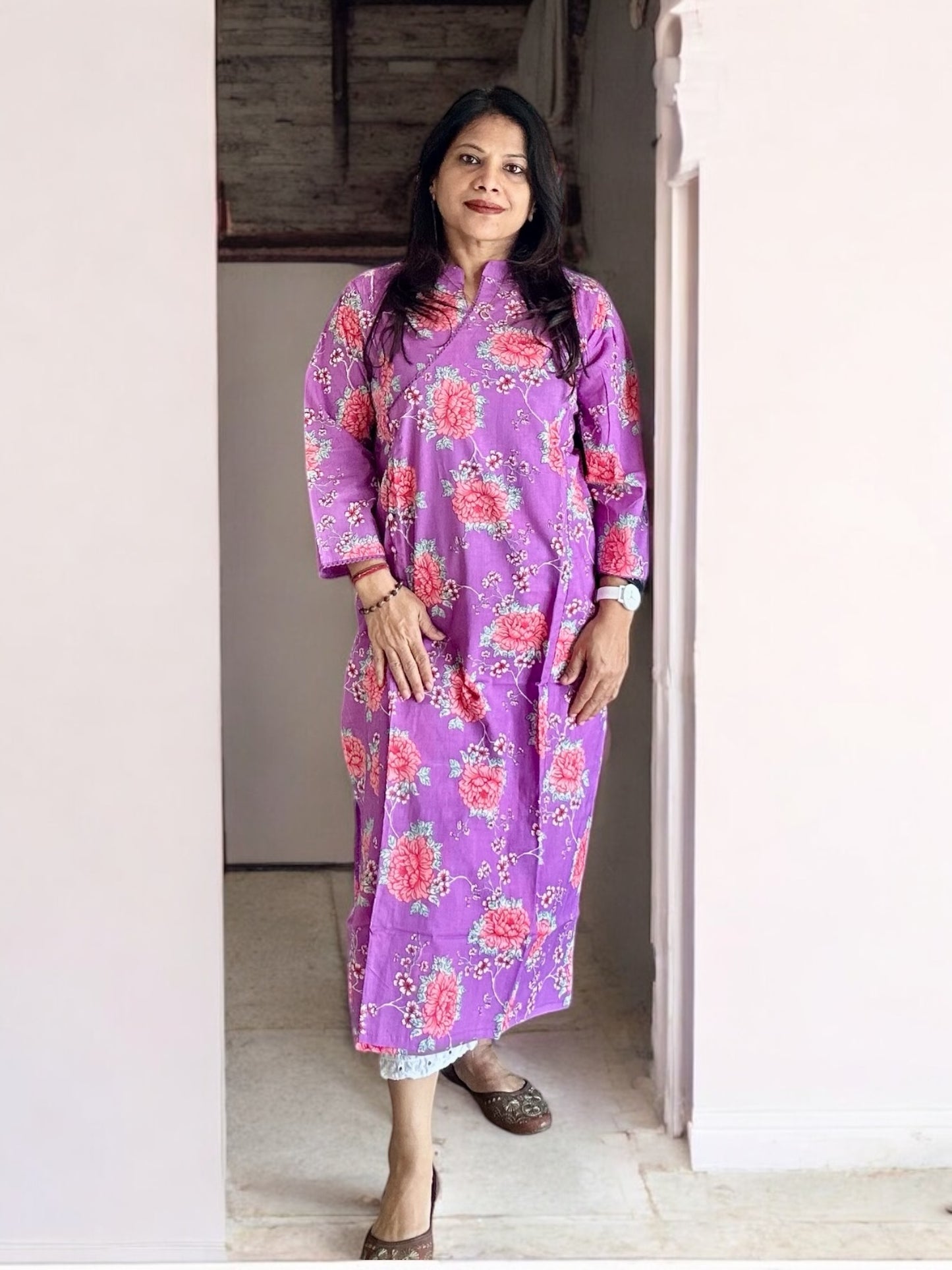 purple cotton printed Angarakha kurti