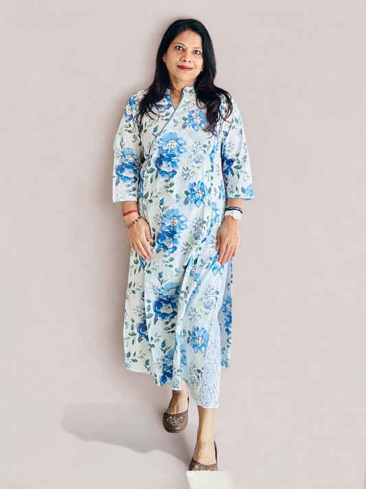 white and blue cotton printed Angarakha kurti
