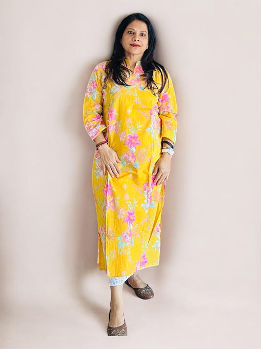 Yellow cotton printed Angarakha kurti