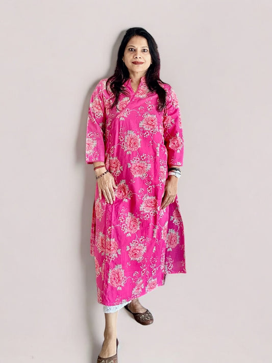 pink cotton printed Angarakha kurti