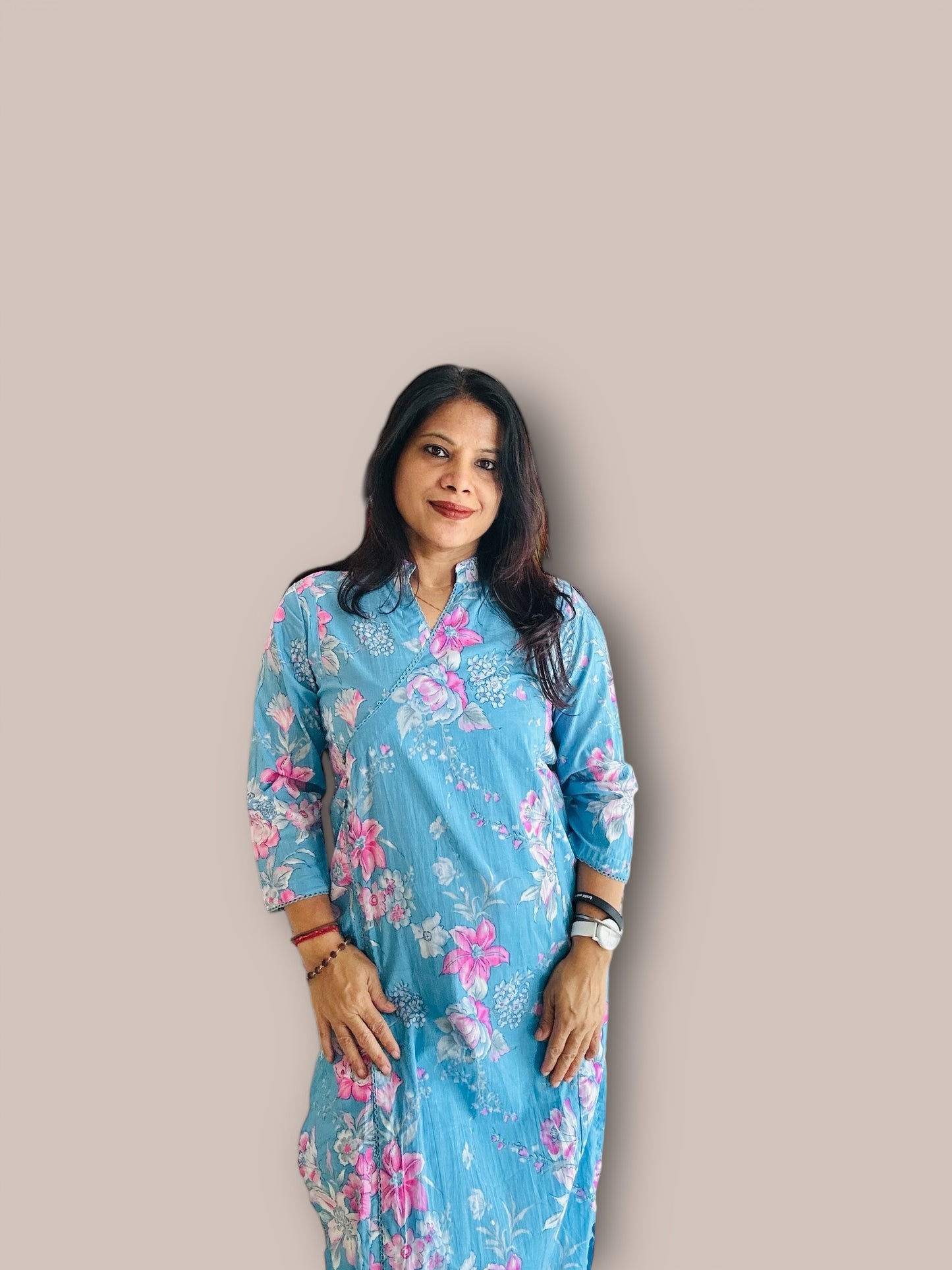 Blue cotton printed Angarakha kurti