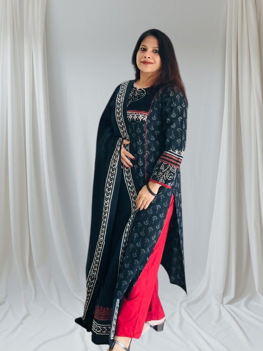 Black block print straight Kurti set 3