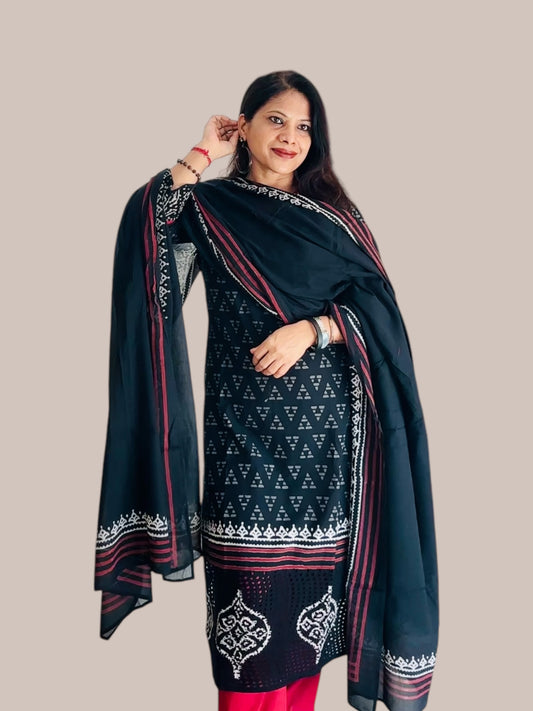 Black cotton block print kurta set 1