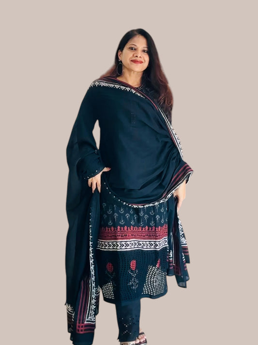 Black block print straight Kurti set 2