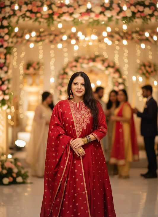 Red heavy embroidered Chanderi a-line Kurti set