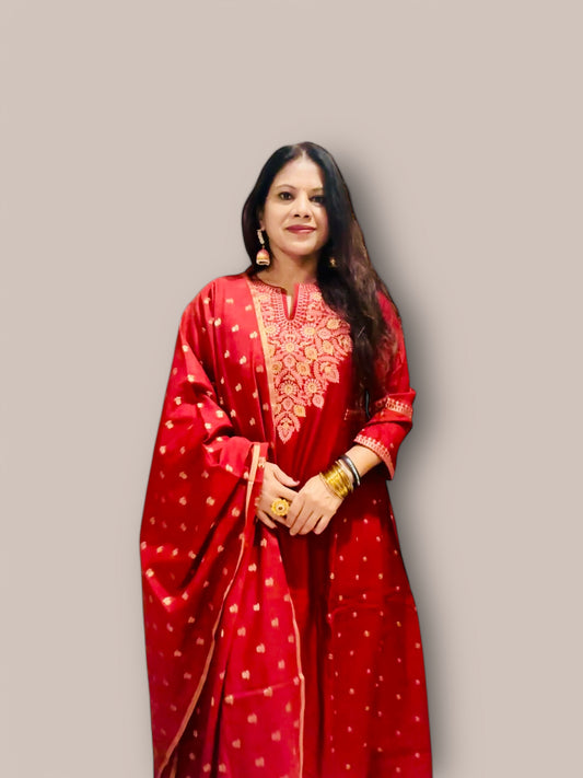 Red heavy embroidered Chanderi a-line Kurti set