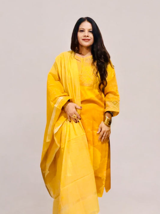 Yellow straight chanderi Kurti set