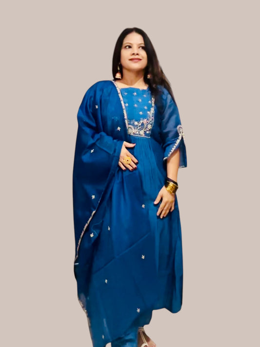 Peacock blue chanderi kurti set