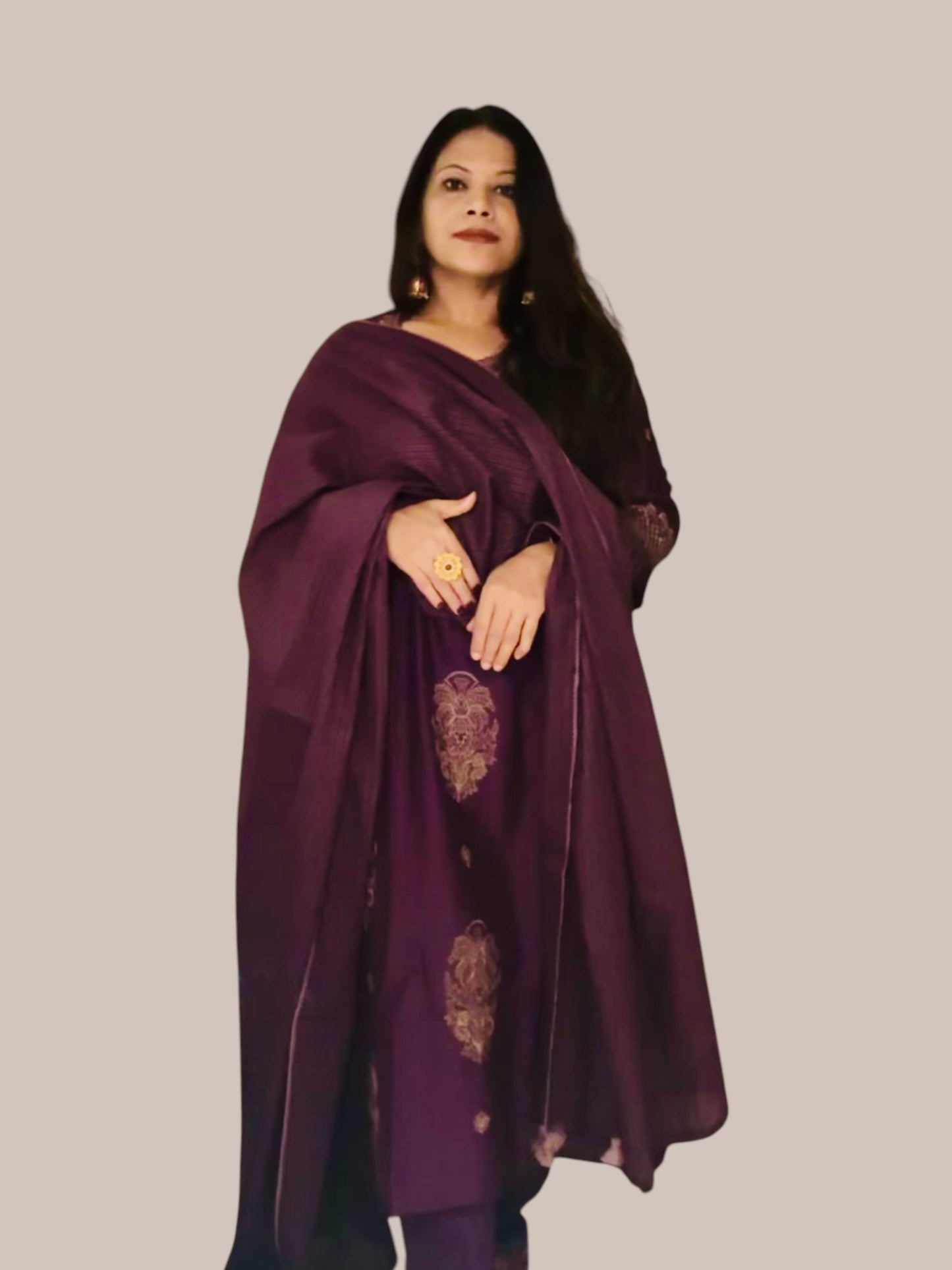 Purple golden sari embroidered straight chanderi Kurti set