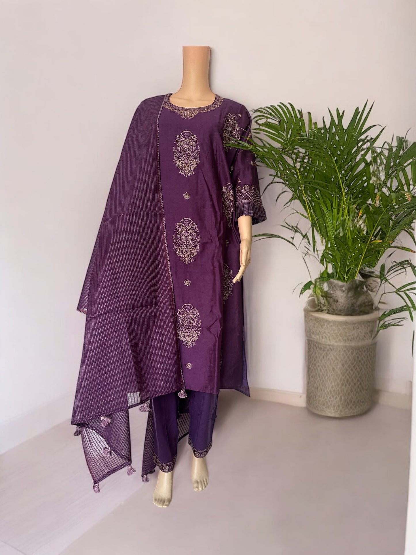 Purple golden sari embroidered straight chanderi Kurti set