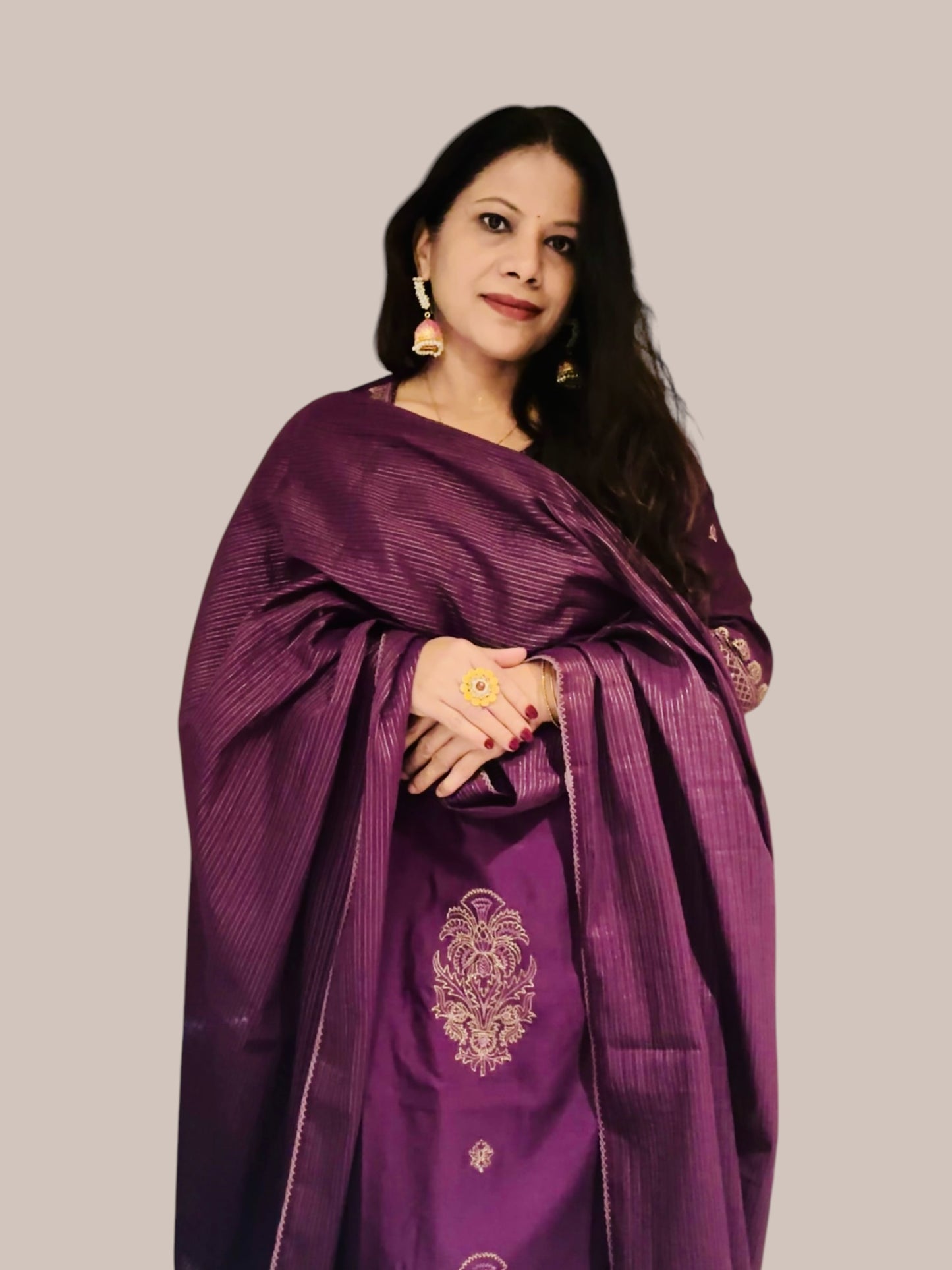 Purple golden sari embroidered straight chanderi Kurti set