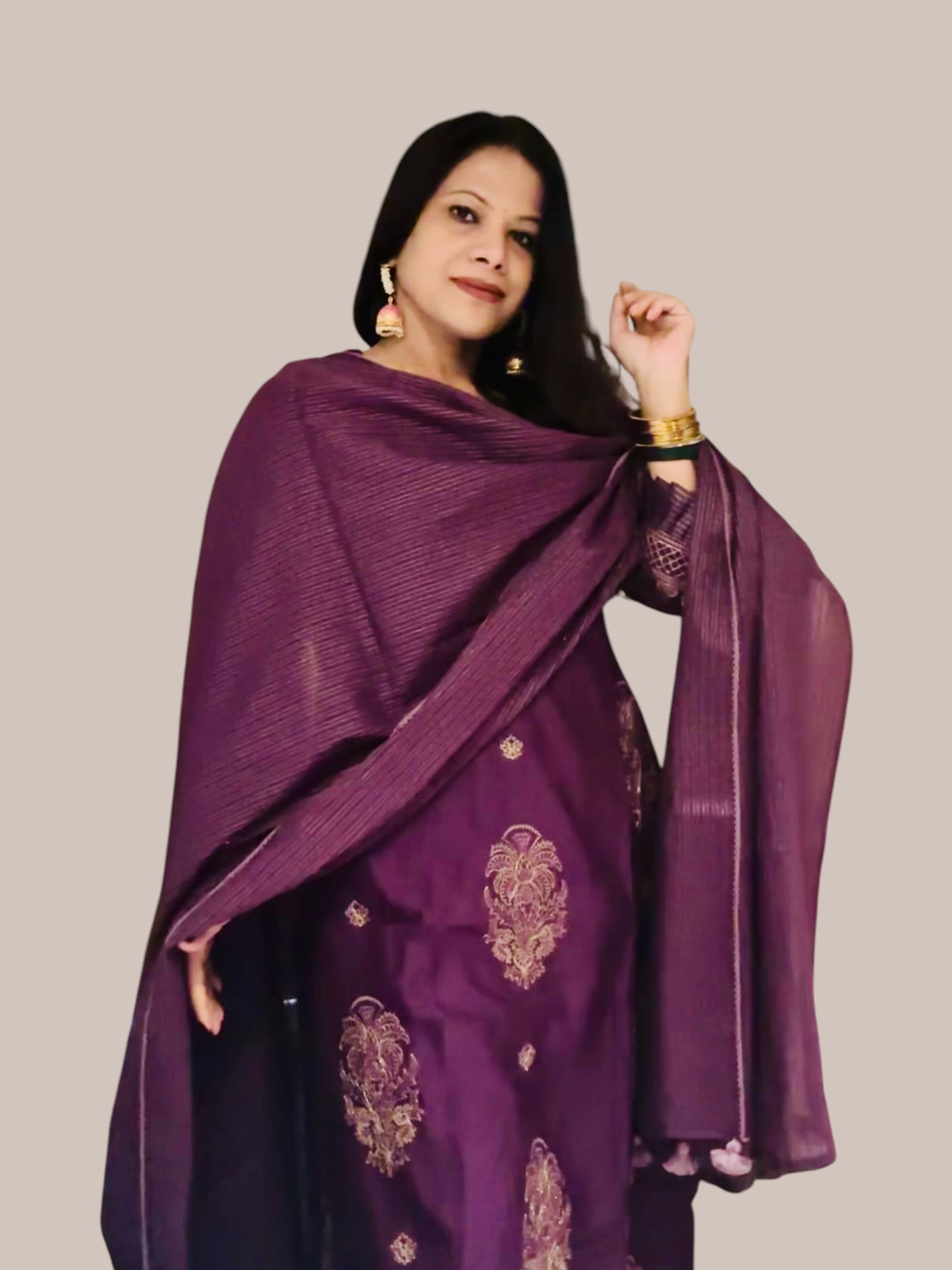 Purple golden sari embroidered straight chanderi Kurti set