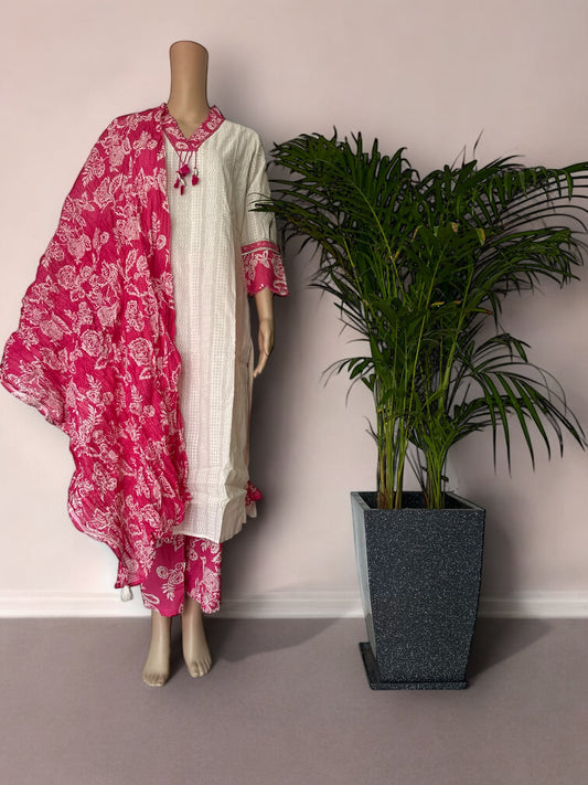 White and pink solid straight Kurti set