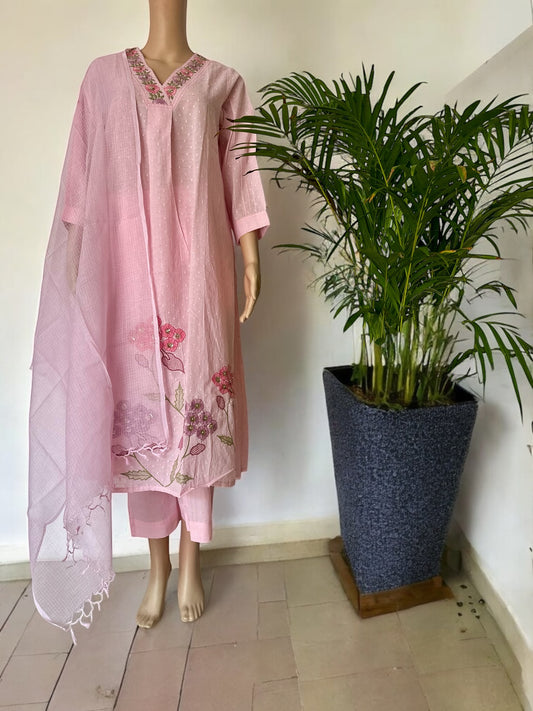 Baby pink solid A- line kurti set