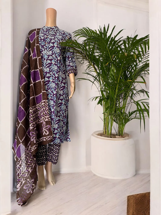 White & purple cotton printed kurti set
