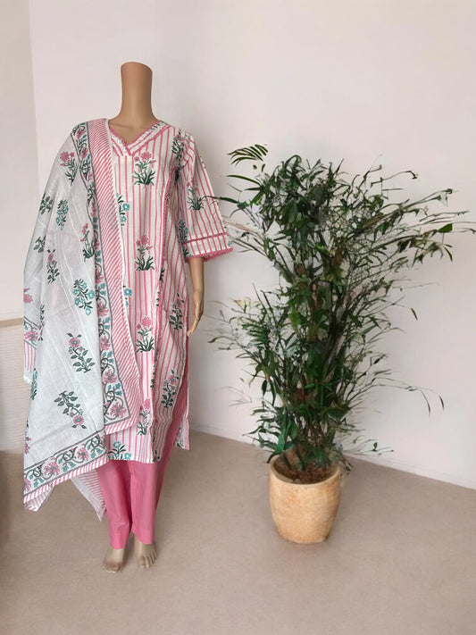 Pink stripe printed straight Kurti set