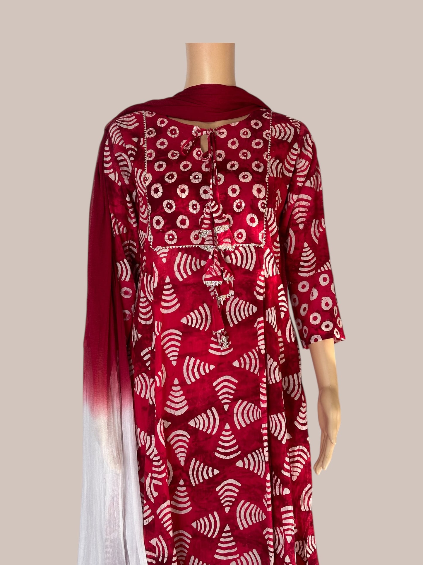Red block printed Aline kurti set