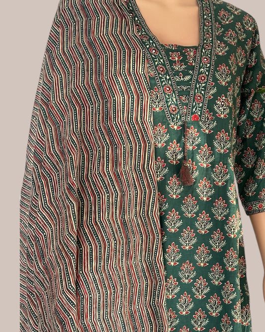Green cotton printed 3 piece set