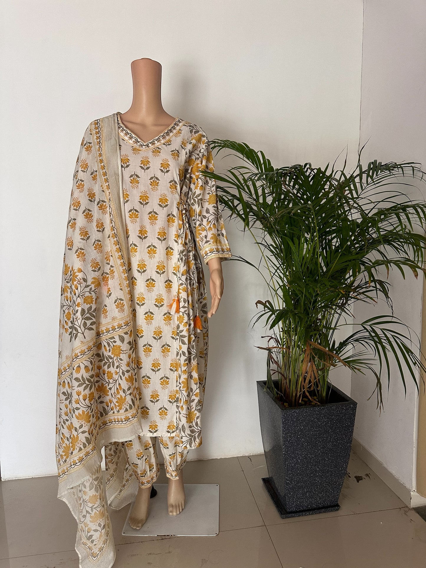 Yellow Block print A-line Kurti set