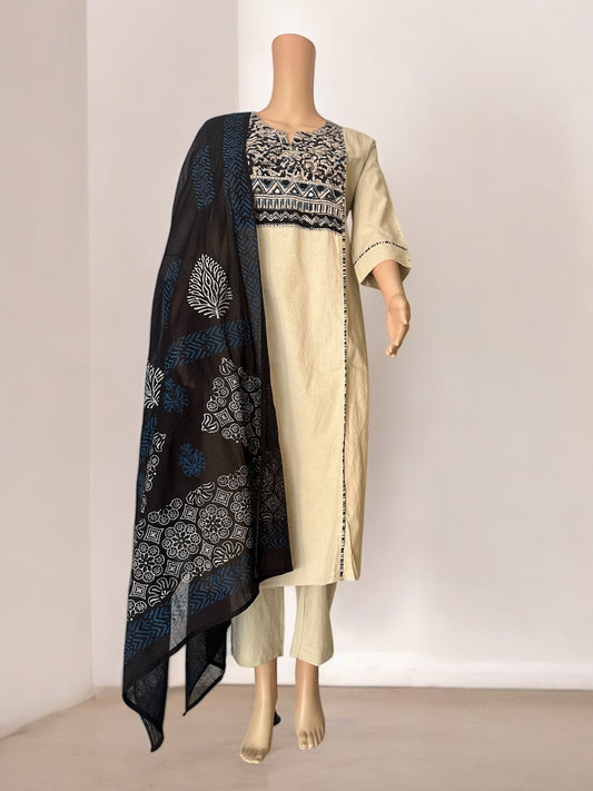 Beige & black cotton kurti set