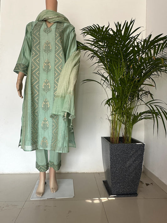Chanderi Sea green heavy embroidered straight Kurti set