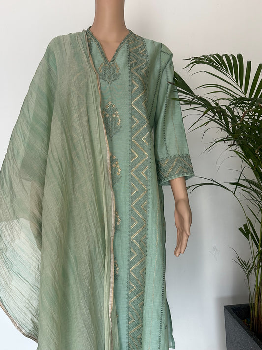 Chanderi Sea green heavy embroidered straight Kurti set