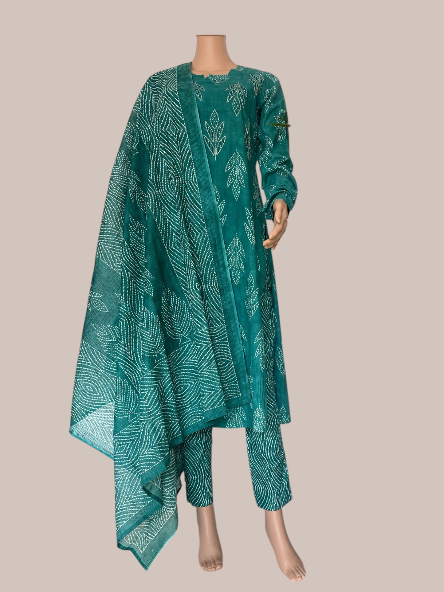 Green printed straight full sleeve Kurti set