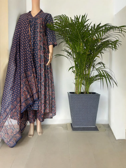 Indigo printed Anarkali kurti set